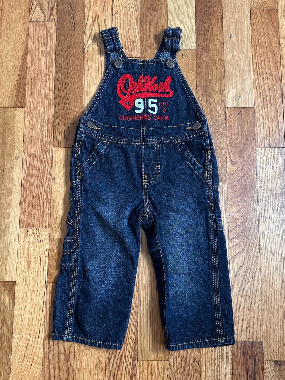 OshKosh Dark Blue Denim Kids Railroad Overalls with Red Logo